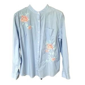 St John's Bay Women’s Floral Embroidered Long Sleeve Blue Stripe Blouse Top XL